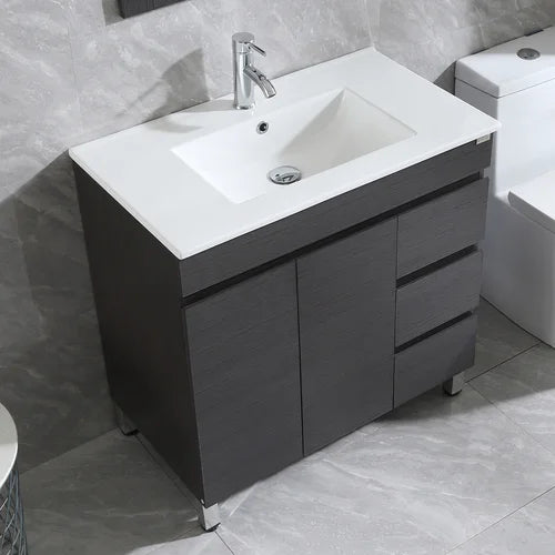 White Ceramic Cabinet Bathroom Sink with Modern Black Cabinet