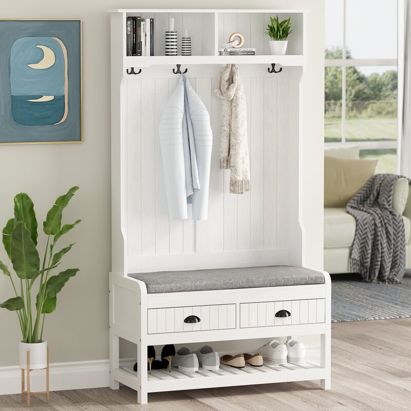 34.3 Wide Hall Tree with Shoe Storage Drawers with Black Metal
