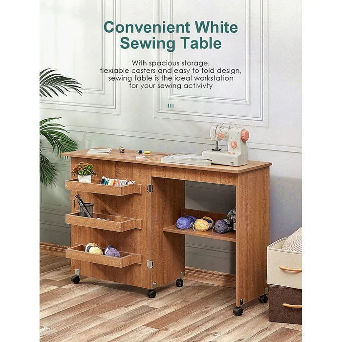 Gymax Folding Sewing Table Shelves Storage Cabinet Craft Cart W/Wheels  Large White