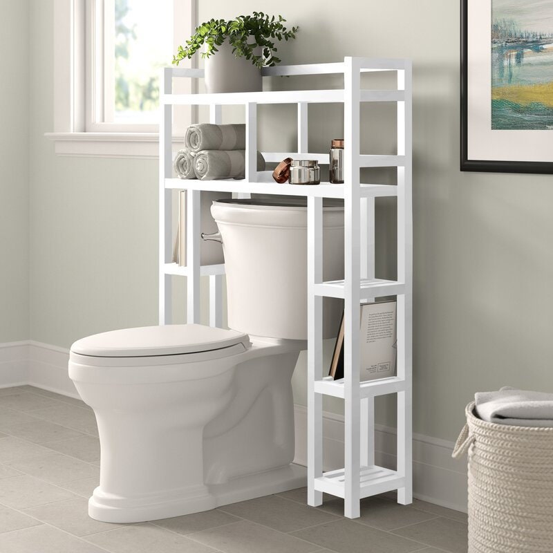 Solid Wood Over The Toilet Storage Freestanding Piece Features Six