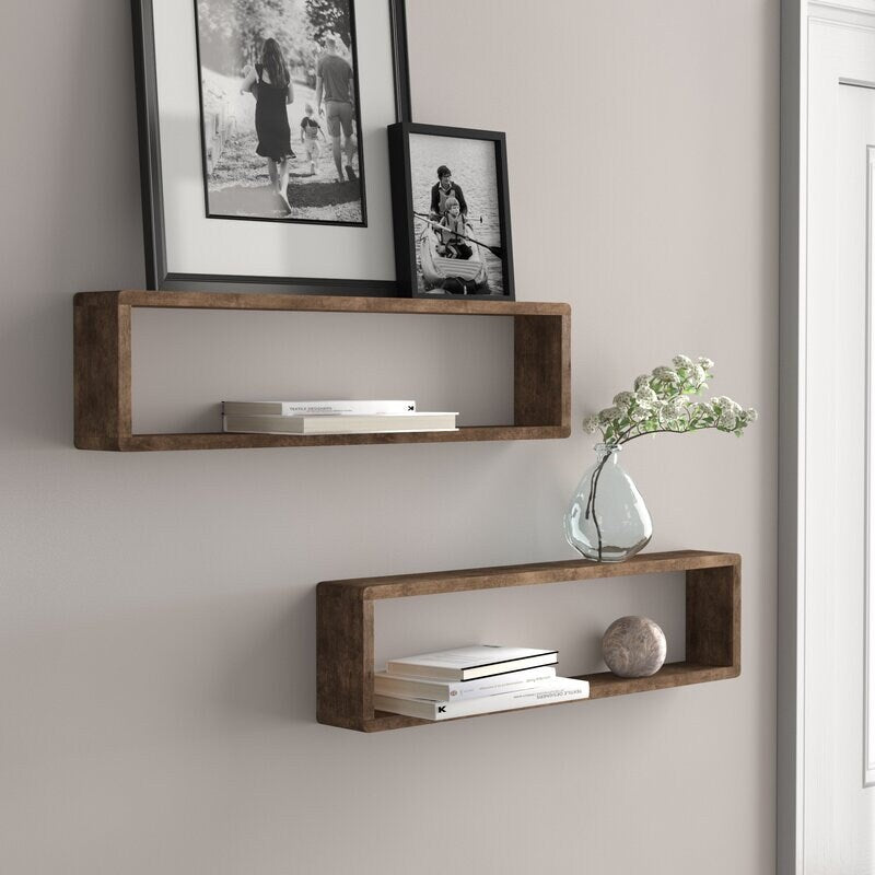 Set of 2 Solid Wood Floating Shelf Floating Box Shaped Wall Shelves Perfect for Display Framed Family Photos Plants Movies