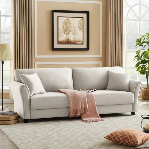 Beige Linen Braleigh 85.43 Linen Flared Arm Sofa Mid Century