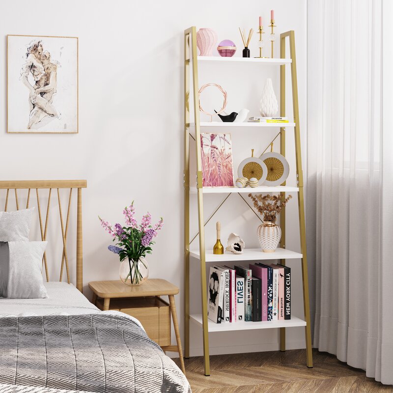 Ladder shelf top next to bed