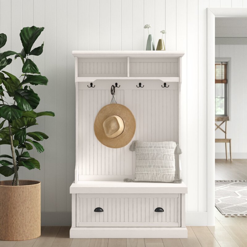 Distressed white store entryway bench