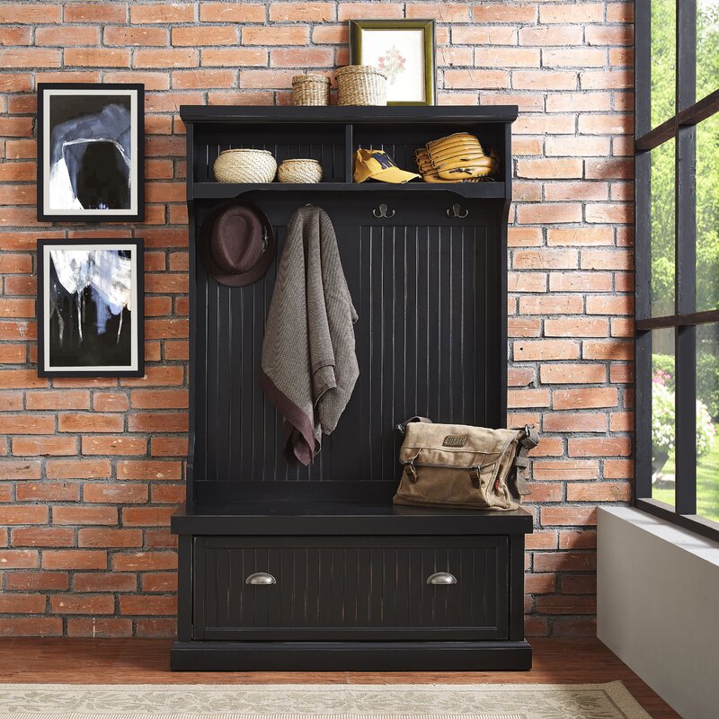 Distressed Black 40 Wide Pine Solid Wood Hall Tree with Bench and Sh div class aod buynow div Inhomelivings