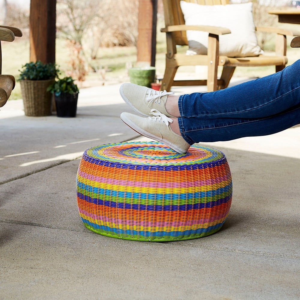 Colorful Indoor Outdoor Resin Wicker Low Barrel Basket Side Table Ottoman