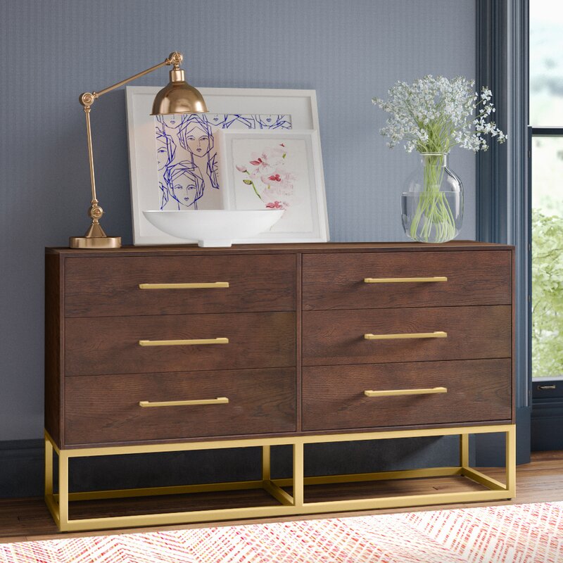 Walnut Costales 6 Drawer 56 W Dresser Slim Metal Drawer Pulls