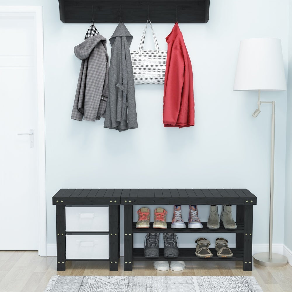 Solid L Shape Shoe Rack Detachable 3 Tier Bamboo Shoe Bench with Drawers Storage Black