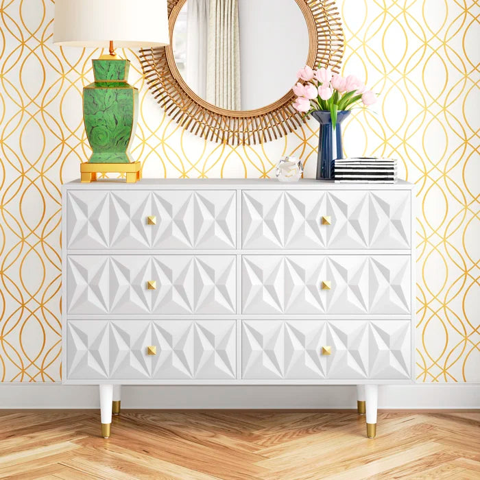 Solid White Eliana 6 Drawer 49.87 W Double Dresser Geometric Pattern
