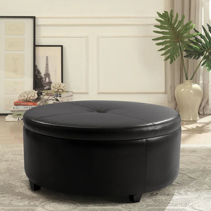 Eshana 31.5 Wide Faux Leather Round Storage Ottoman with Storage