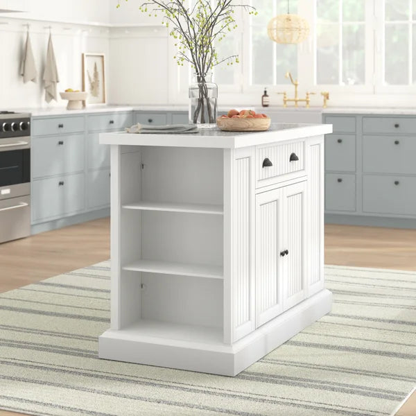 White kitchen island with granite top shop and seating