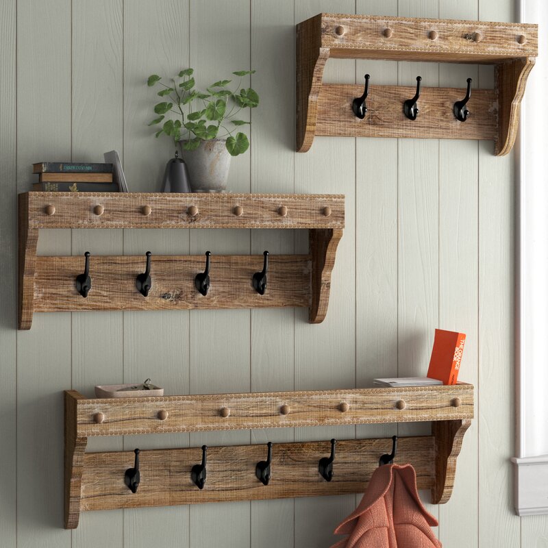 Solid Wood 12 - Hook Wall Mounted Coat Rack with Storage <div