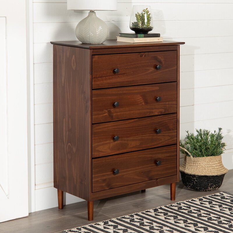 Walnut 4 Drawer 28.75 W Chest Offer Plenty of Storage Four Tapered Dowel Legs. Featuring Knob Pulls Four Drawers