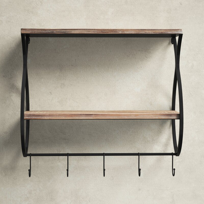 Natural Wood Black 2 Piece Tiered Shelf with Hooks Perfect for Living Room Entryway