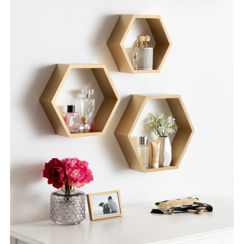 Hexagon Wood 3 Piece Wall Shelf Set Display Them Together or in Separate Areas of your Home
