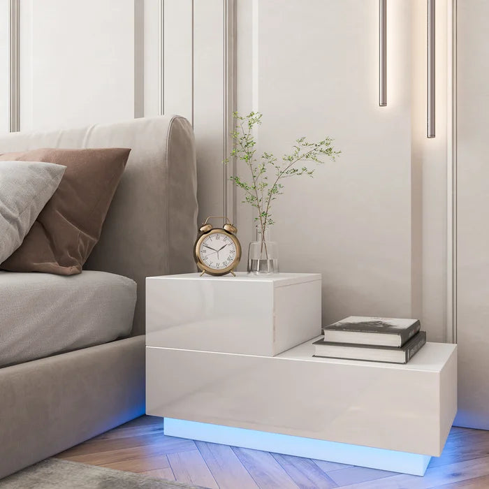White Malvern 15 Tall 2 Drawer LED light Nightstand Modern