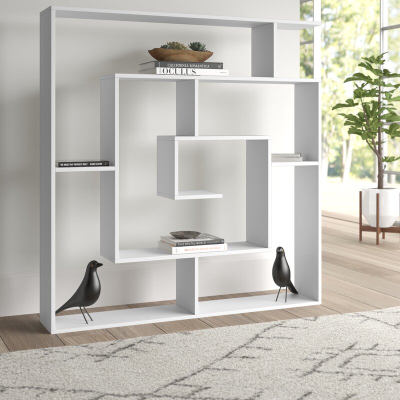 White 50.2 H x 49.2 W Geometric Bookcase Eight Tiers of Different Heights and Widths that Provide A Place for Prized Possessions of All Sizes