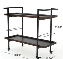 Modern Industrial 2-Tier Wood Bar Cart with Wheels - 38.00” W x 16.10” D x 33.00” H - Walnut