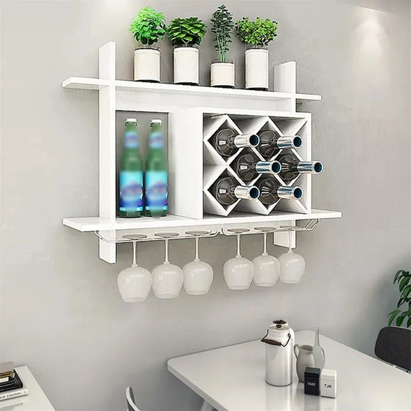 12 Bottle Wall Mounted Wine Bottle & Glass Rack in White