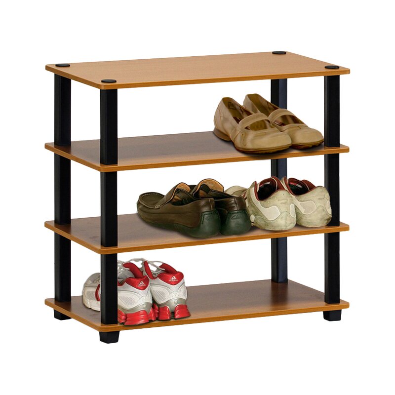 Light Cherry 12 Pair Stackable Shoe Rack Ideal For Mudrooms and Garages, this Shoe Storage Rack Offers A Convenient