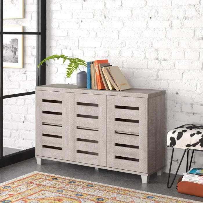 Dusty Gray Oak 16 Pair Shoe Storage Cabinet Provides Spacious Storage Spaces