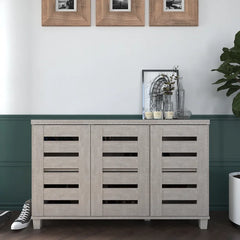 Dusty Gray Oak 16 Pair Shoe Storage Cabinet Provides Spacious Storage Spaces
