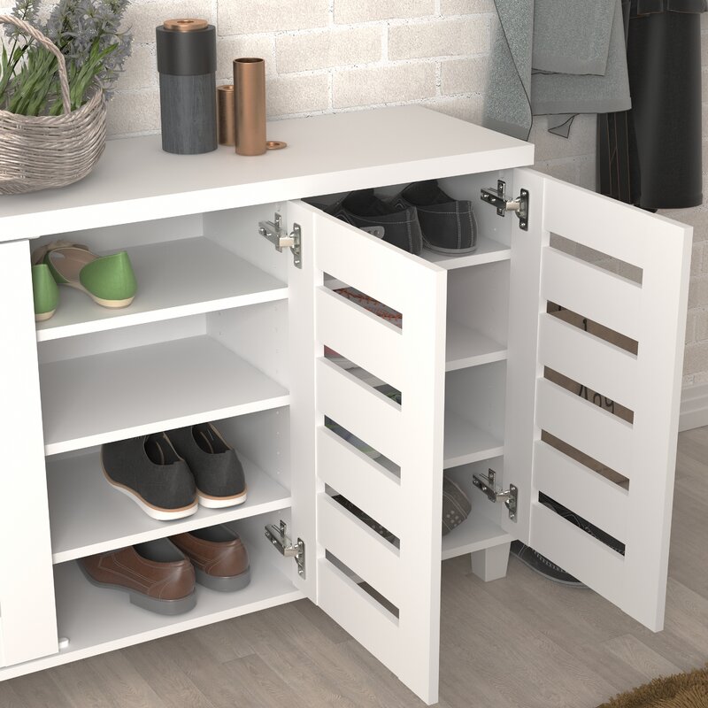 White 16 Pair Shoe Storage Cabinet 3 Doors Shoe Cabinet with 4 Layers of Shelves Provides Spacious Storage Spaces
