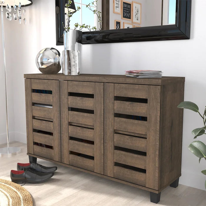 Dark Dusty Oak 16 Pair Shoe Storage Cabinet 4 Layers of Shelves