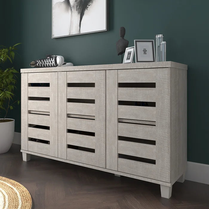 Dusty Gray Oak 16 Pair Shoe Storage Cabinet Provides Spacious Storage Spaces