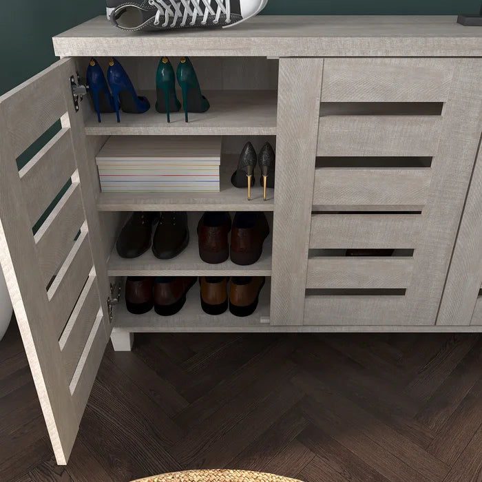 Dusty Gray Oak 16 Pair Shoe Storage Cabinet Provides Spacious Storage Spaces
