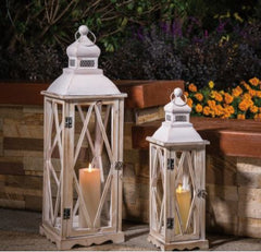Farmhouse Wooden Metal Lanterns Set of Two - White Decorative Candle Lantern