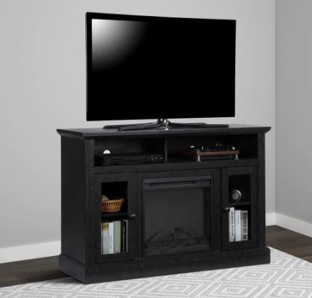 Garnett Electric Fireplace TV Console - Black Two Open Shelves, Two Glass Cabinets, and an Electric Fireplace