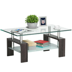 Rectangular Tempered Glass Coffee Table with Shelf