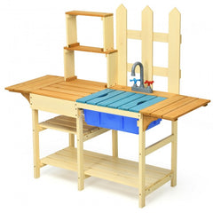 Kid's Outdoor Wooden Pretend Cook Kitchen Playset Toy Open Shelves for Storing Toy Kitchen Utensils