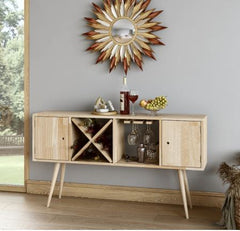 Shorewood Mid-Century Modern Wood Sideboard - Natural Finish Provides An Open Shelf with A Removable Wine Rack and Another Open Shelf