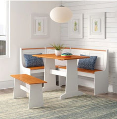 Farmhouse Breakfast Nook Dining Set - White/Pine Space-Efficient Corner Bench that Has Hidden Storage Under the Seat, A Dining Table, and A Side Bench
