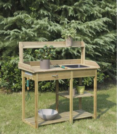 Potting Bench - Natural Fir Get your Gardening Supplies Organized with this Deluxe Potting Bench Drawer and Open Shelves to Meet your Storage Needs