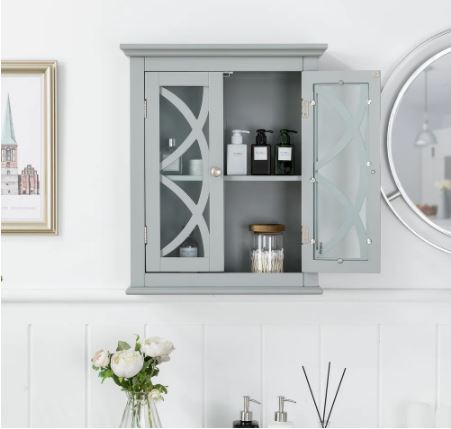 24"H Gray Bathroom Storage Wall Cabinet with Double Doors