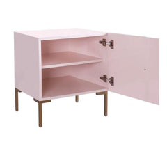 Pink Lacquer Side Table Carved Door, Lucite Knob, and Brass Legs Perfect for Organize