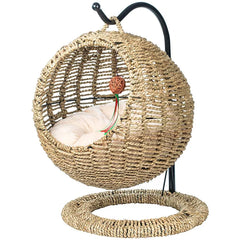 24" Hand Made Wicker Cat Bed Basket Swinging Pet House Nest for Small Dog Cat with Cushion
