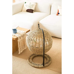 24" Hand Made Wicker Cat Bed Basket Swinging Pet House Nest for Small Dog Cat with Cushion