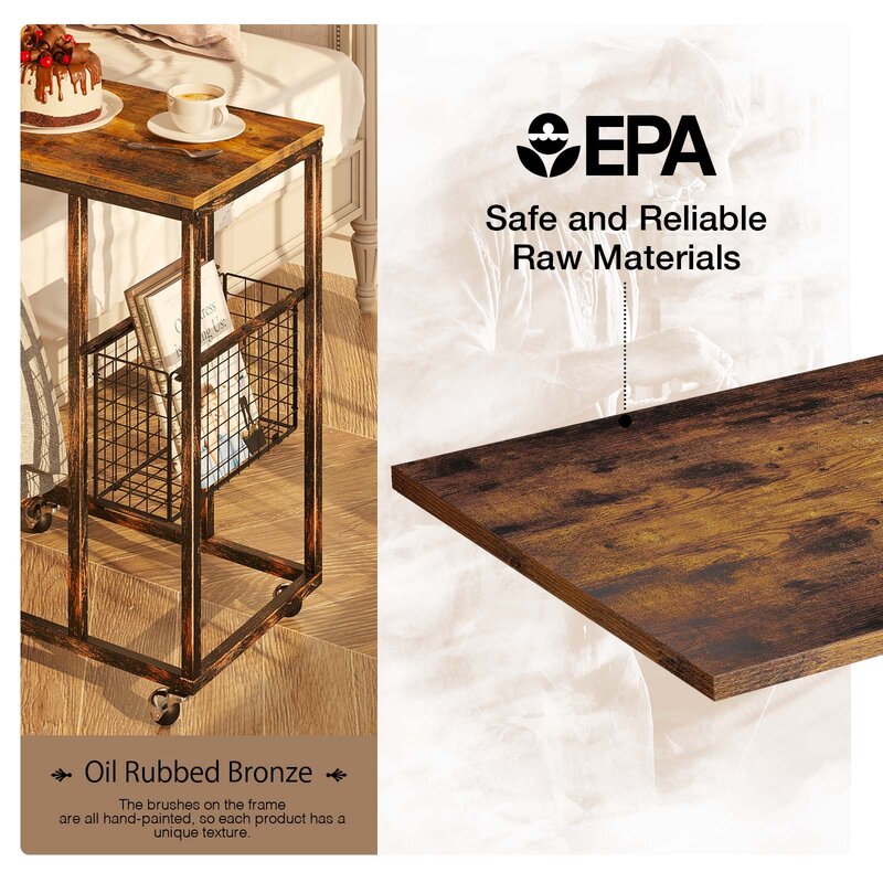 27.8'' Tall Wheel End Table Stylish Rustic Surface with Metal Frame Side Table