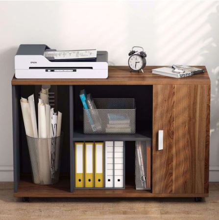 39 inches File Cabinet, Office Storage Cabinet with Wheels 2-Tier Smaller Shelves, a Large Size Shelf and 2 Tier Storage Space Behind the Doors