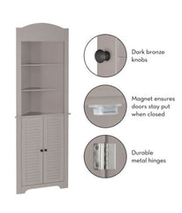 Corner Etagere Taupe Three Shelves Display your Mementos Lower Cabinet Provides Concealed Storage