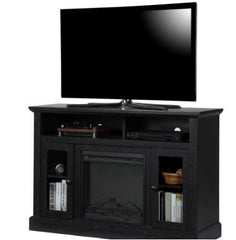 Garnett Electric Fireplace TV Console - Black Two Open Shelves, Two Glass Cabinets, and an Electric Fireplace