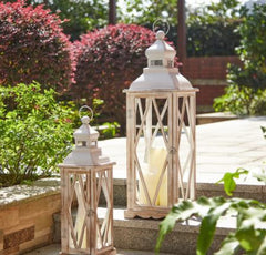 Farmhouse Wooden Metal Lanterns Set of Two - White Decorative Candle Lantern