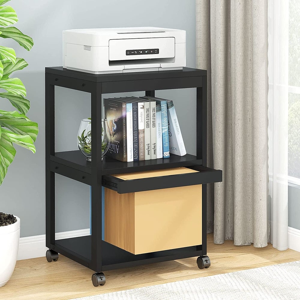 3- Tier Mobile Printer Stand, Rolling File Cabinet with Wheels Offer Large Storage Space for Printer, Scanner or Files, Book