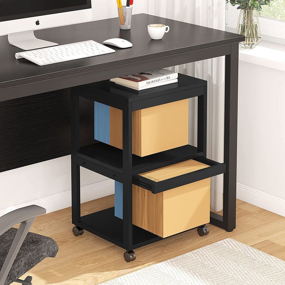 3- Tier Mobile Printer Stand, Rolling File Cabinet with Wheels Offer Large Storage Space for Printer, Scanner or Files, Book