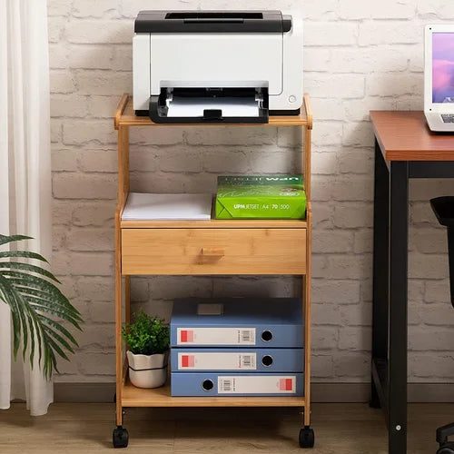 3-Tiers Mobile Printer Stand Holder With Drawer Rolling Cart With Wheels Bamboo Rack For Home And Office