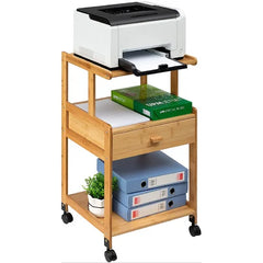 3-Tiers Mobile Printer Stand Holder With Drawer Rolling Cart With Wheels Bamboo Rack For Home And Office